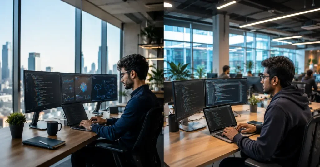 two Software engineer working on multiple monitors in a modern office representing salary comparison between the USA and India in 2026.