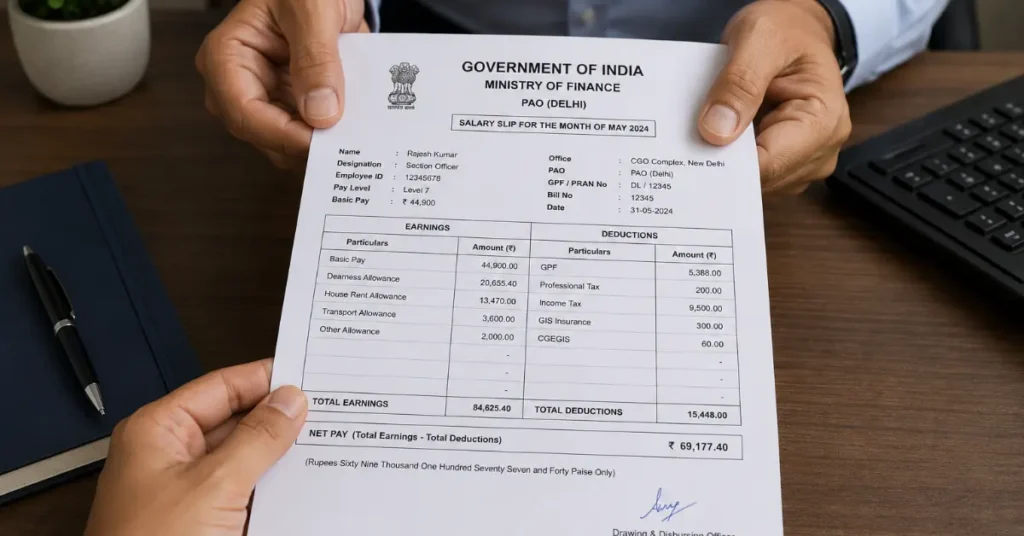 7th CPC salary slip earnings deductions net pay diagram 2026